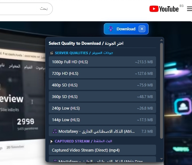 The Universal DM media sniffer overlay on a video page, listing server qualities from 1080p Full HD to 144p with file sizes, plus a captured video stream.