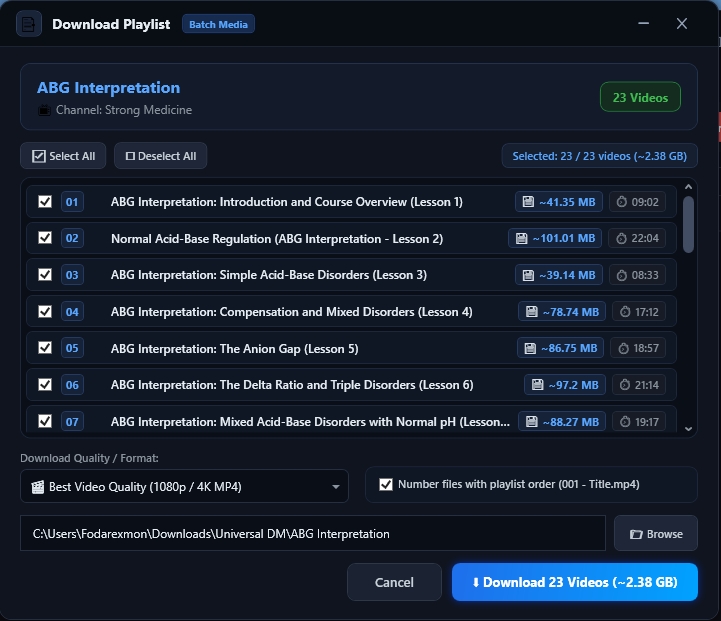 The Universal DM playlist window listing 23 videos with checkboxes, sizes and durations, a quality selector, numbering option and download folder.