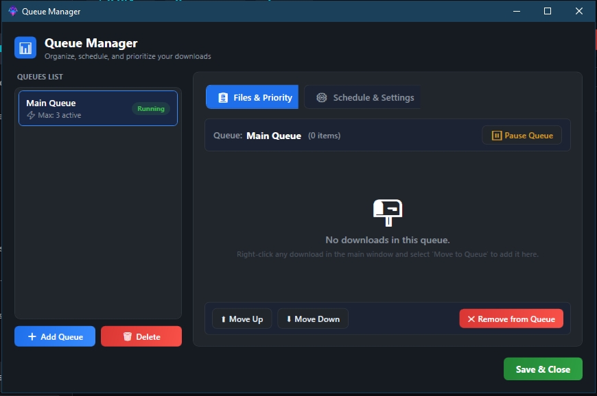 The Universal DM Queue Manager window with a queues list on the left and Files and Priority / Schedule and Settings tabs on the right.