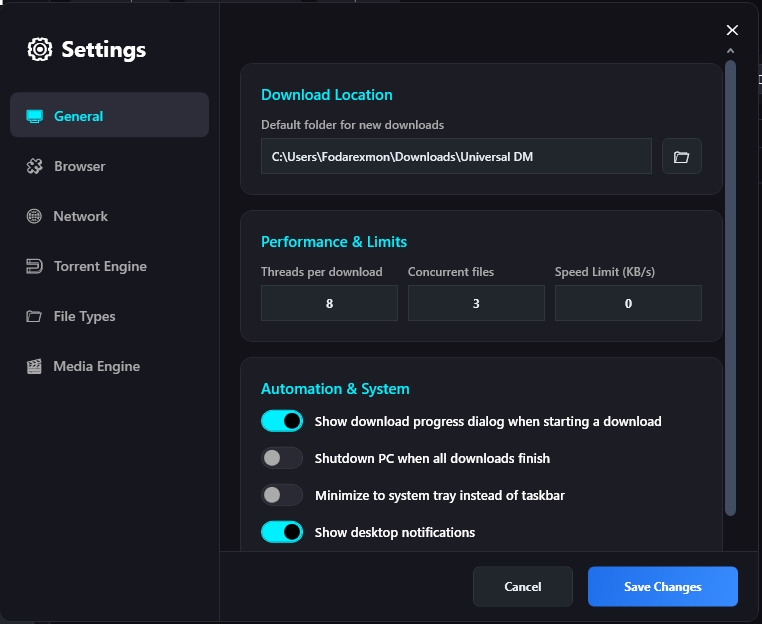 The Universal DM settings window showing download location, performance and limits such as threads per download and concurrent files, plus automation toggles.